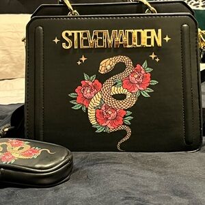 Steve Madden Black Satchel with Snake & Red Floral Print